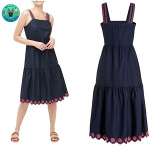 J.Crew Dress Womens 10 Tiered A-Line Midi Navy Pink Floral Scalloped Lace Summer